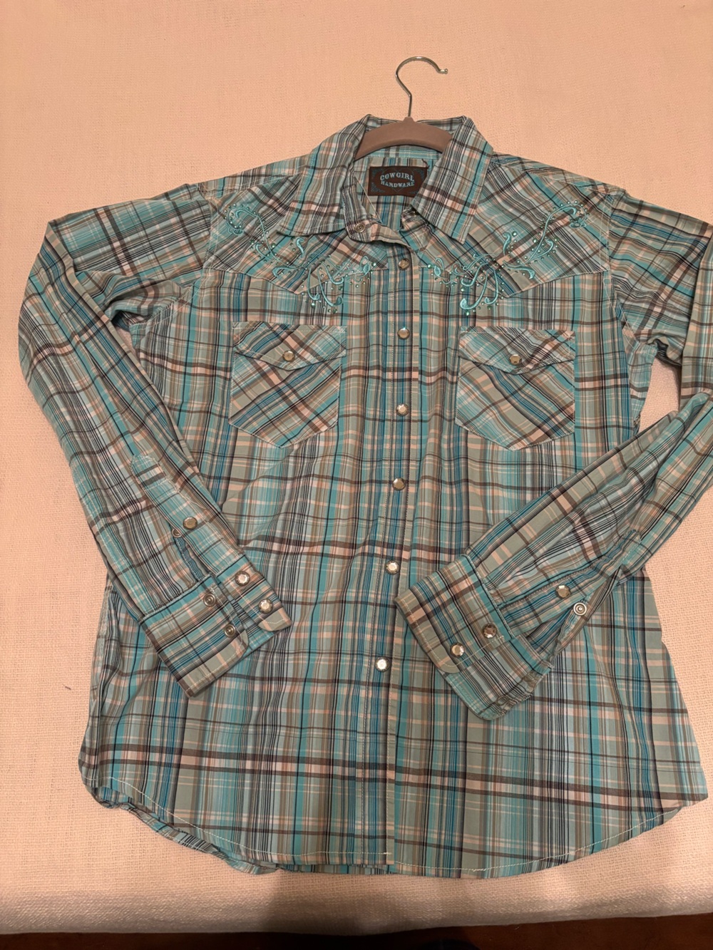 Women’s Teal Plaid Western Snap-Front Blouse